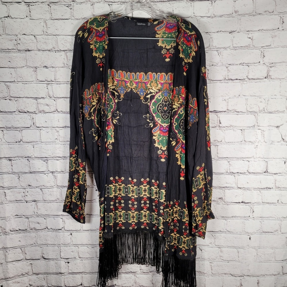 Boohoo Kimono Cardigan Womens 18 Black Multi Paisley Fringe Boho Excellent